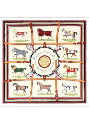 Equestrian Pattern Silk Scarf in Cream, Red & Tan - 039